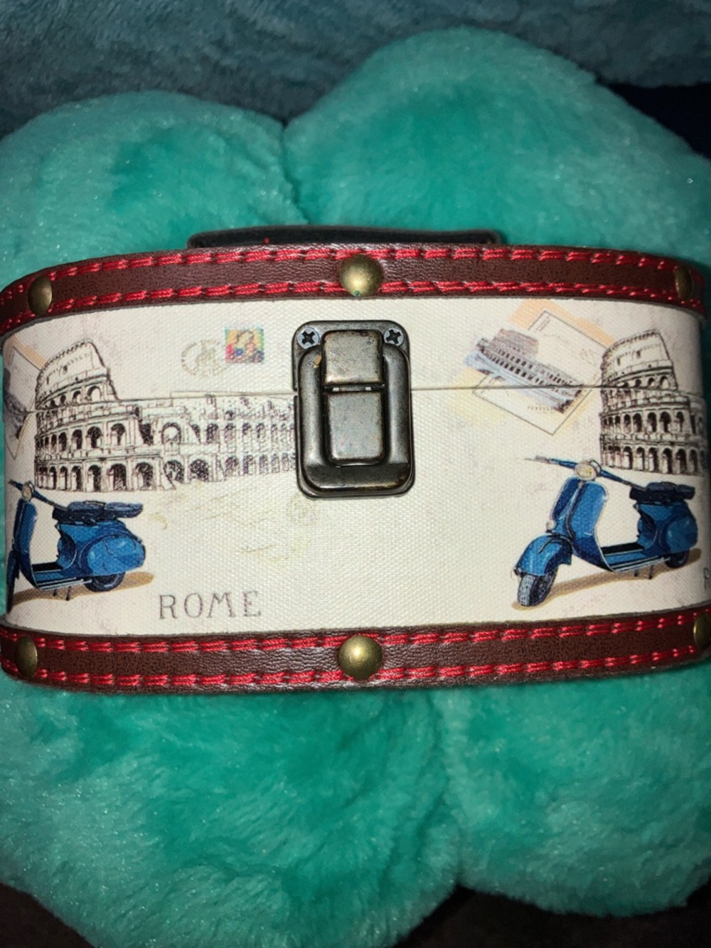 Travel-Inspired Rome Cosmetic Case in Cream and Blue Leather Trimmed 7” X 5” - Picture 3 of 6